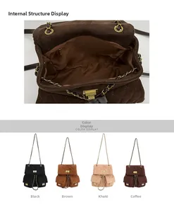 Detail view of quilted suede backpack showing inner pocket and four available colors