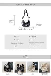 Detailed size specifications and material chart for pleated polka dot dumpling shoulder bag