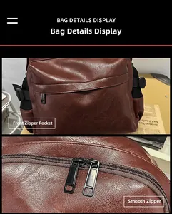 Detail of dark brown leather backpack with smooth double zippers and front pocket
