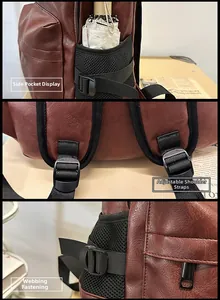 Detail of PU leather backpack showing side mesh pocket and adjustable shoulder straps