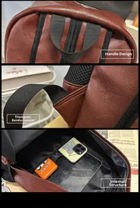 Detailed view of brown PU leather backpack with reinforced straps and spacious interior