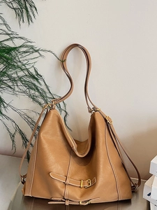 Sac à épaule marron grande capacité au design rétro minimaliste avec boucles dorées