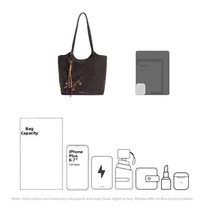 Detail showing high capacity of dark brown tote bag with dog charm and dimension guide