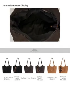 Detailed internal view of large vintage tote bag and multi-color display with charms