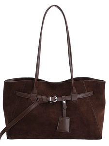 Vintage brown frosted faux suede tote bag with long shoulder straps and decorative buckle