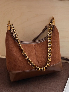 Vintage Women Hobo Bag PU Leather Suede Splicing Gold Chain Shoulder Bag Retro Underarm Crossbody Bag Fashion Casual Handbag