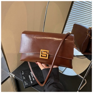 Detail shot showing dark brown leather texture and square gold buckle on a crossbody bag