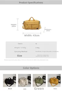 Detailed size specifications of the 43x24x23cm travel bag showing dimensions and weight