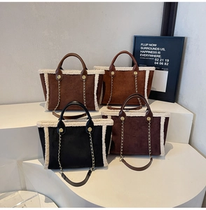 Collection of large tote bags in suede with plush faux shearling trim and chain straps