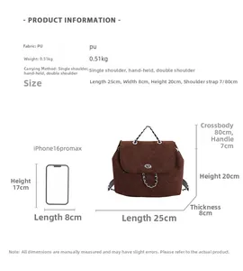 Size guide for PU leather quilted backpack showing dimensions 25x20x8cm and weight details