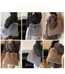 Detailed close-up showing texture of grey and brown plush tote bags with woven rope handles