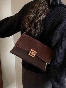 Retro dark brown crossbody bag with suede patchwork and a gold square buckle closure