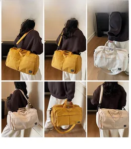 Multiple views of large capacity travel bag showing shoulder, crossbody, and handbag styles