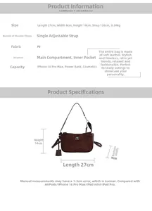 Size chart showing retro PU shoulder bag dimensions 27x14x8cm with adjustable strap