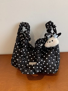 Women Polka Dot Canvas Dumpling Bag Korean Style Pleated Strap Shoulder Bag Casual Tote Handbag With Cute Plush Pendant