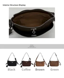Detail view of suede crossbody bag interior with zip pocket and four color options