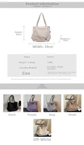 Detailed size chart and multi-color options for the large canvas tote bag