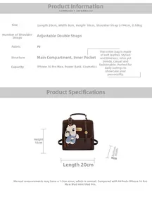 Detailed parameter chart showing brown PU leather backpack dimensions and internal storage