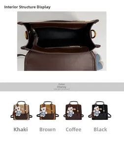 Detail view of the backpack internal pocket structure and four color options with bear charms