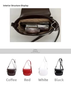 Internal view and color selection of women's saddle bags in brown, red, white, and black