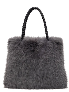 Faux fur grey tote bag with black braided leather handles for autumn and winter