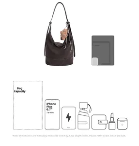 Deep brown bucket bag showing large capacity for phone, wallet, umbrella and power bank