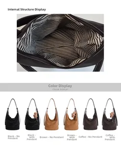 Detail view of large faux suede bucket bag with striped lining and color options