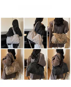 Collage of model wearing a large capacity matte leather tote bag in three colors