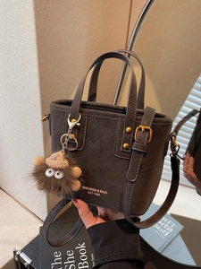 Vintage PU Leather Bucket Bag For Women Fashion Crossbody Handbag With Plush Monster Charm Solid Color Small Tote Shoulder Bag