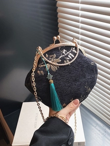 Vintage Chinese Style Embroidery Kiss-lock Crossbody Bag For Women Satin Floral Bird Pattern Metal Chain Strap Evening Clutch
