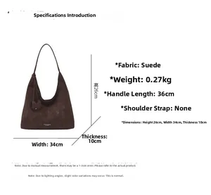 Tableau des tailles pour cabas en daim marron foncé avec dimensions et spécifications