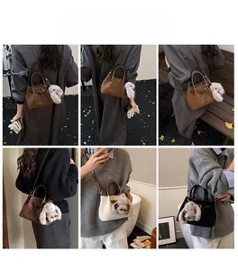 Collage of pleated shoulder bags in dark brown and beige with plush animal pendants
