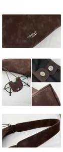 Détail du sac cabas en daim marron avec boucle magnétique en métal et logo imprimé