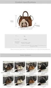 Detailed chart showing handbag dimensions and four available colors with plush bunny charm