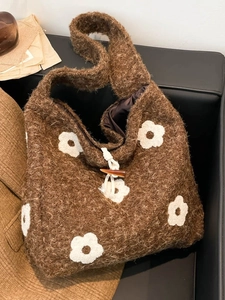 Women Plush Flower Embroidered Tote Bag Autumn Winter Soft Sherpa Shoulder Bag Large Capacity Literary Crossbody Handbag