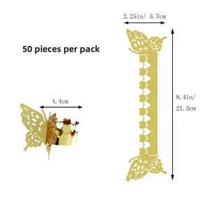 Detail showing 50 pcs pack of laser-cut gold butterfly napkin rings with dimensions
