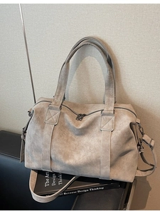 Retro grey matte leather tote bag with dual handles and adjustable shoulder strap