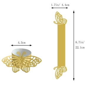 Detailed size chart of gold laser-cut butterfly napkin rings showing open and folded views
