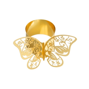 Detailed macro of golden laser-cut butterfly napkin ring with floral metal patterns