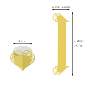 Detail of laser-cut heart paper napkin ring with dimensional and flat size specifications
