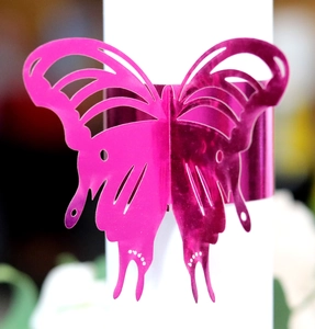 Mirror-finish rose red butterfly napkin ring with delicate hollow design for table decor