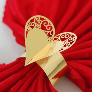 Macro detail of laser-cut heart napkin ring in gold finish on red napkin