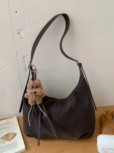 Retro dark brown large hobo shoulder bag with a cute plush teddy dog charm accessory