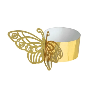 Detailed laser-cut hollow butterfly napkin ring in shiny gold for wedding table decor