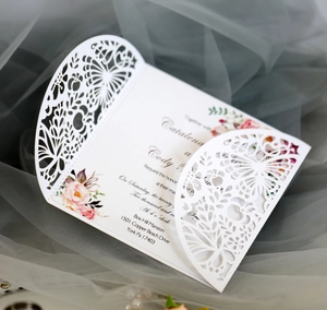 Macro detail of laser-cut butterfly lace and floral watercolor pattern on white invitation