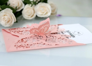 Macro detail of laser-cut butterfly invitation with delicate 3D hollowed patterns