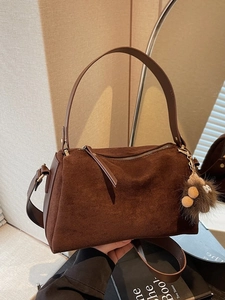 Women Frosted PU Leather Pillow Handbag Vintage Crossbody Shoulder Bag For Work Commuting With Plush Monster Pendant