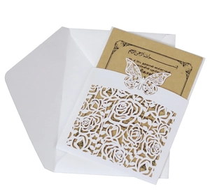 Detail of laser-cut butterfly and rose patterns on a white wedding invitation sleeve