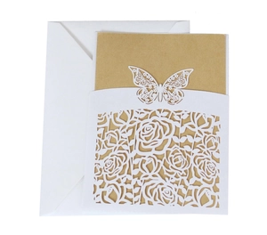 Detail of laser-cut rose and butterfly hollow design on white wedding invitation suite