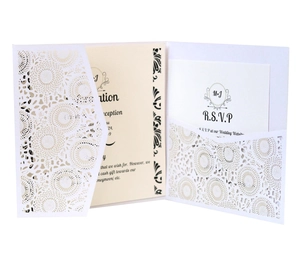 Laser cut white wedding invitation set with floral hollow pattern and RSVP cards